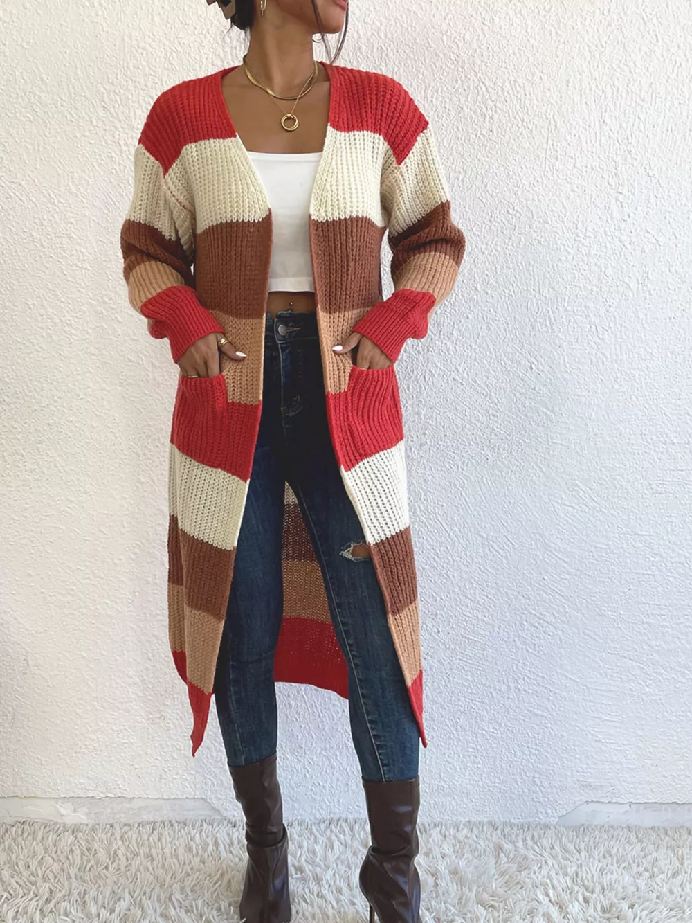 Striped Color Block Open Front Knit Cardigan, image 6