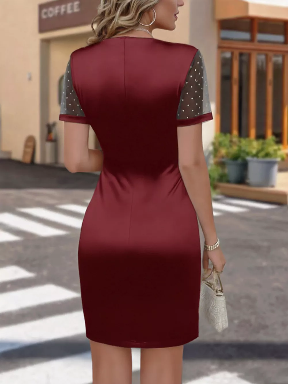 Full Size Ruched Satin Wrap Dress with Sheer Mesh Sleeves Plus Size, image 7