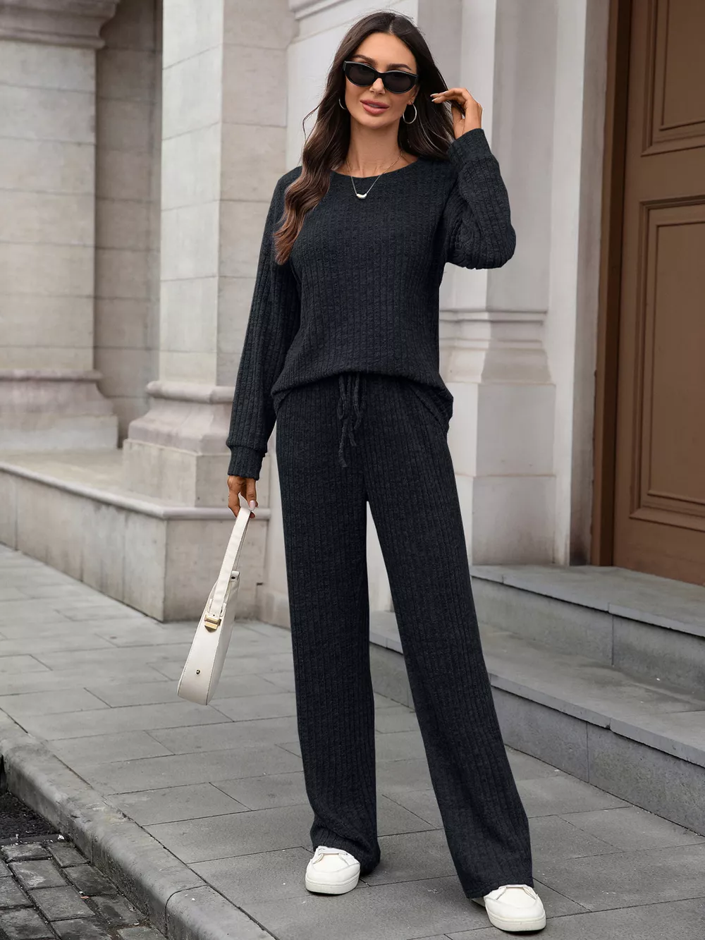 Ribbed Round Neck Top and Pants Set, image 15