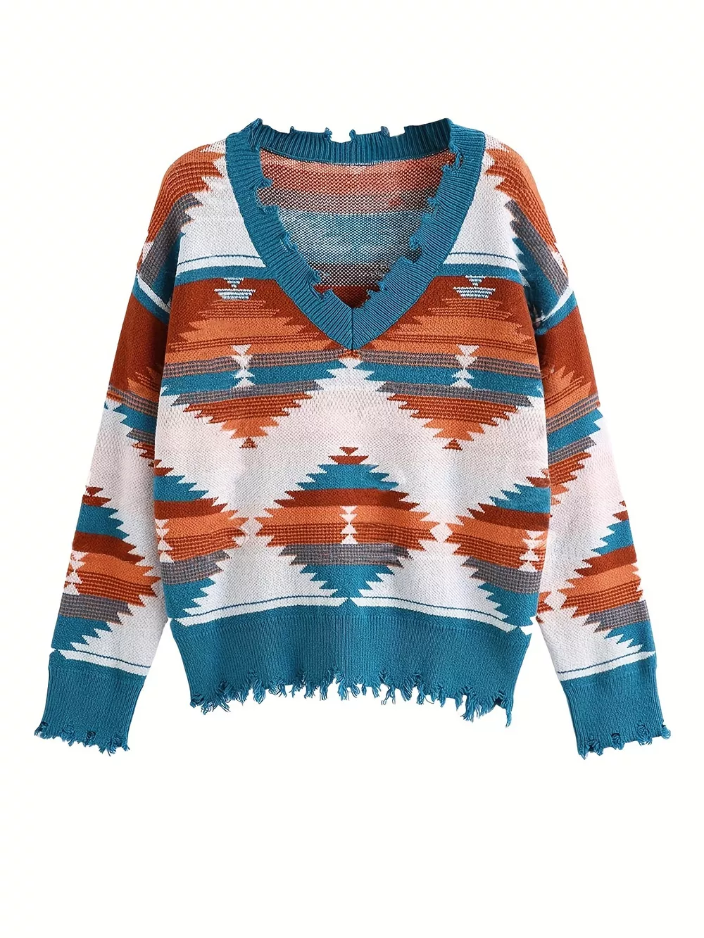 Geometric Frayed Hem V-Neck Long Sleeve Sweater, image 26