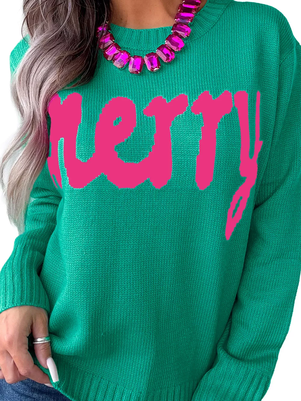 Merry Print Ribbed Trim Round Neck Loose Fit Sweater, image 16
