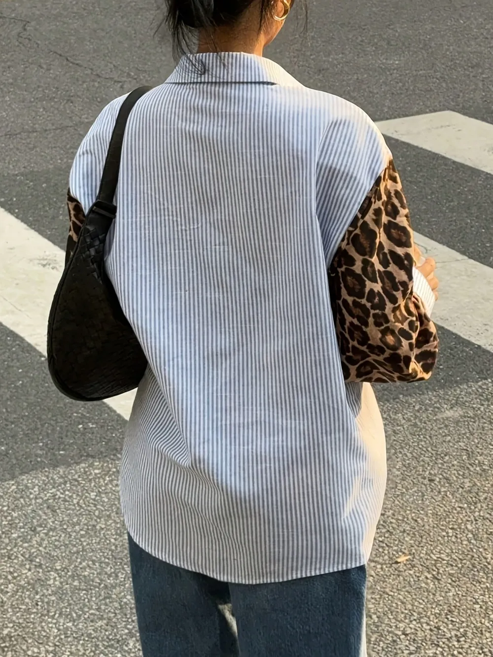 Leopard Print Sleeve Striped Button-Down Shirt, image 4