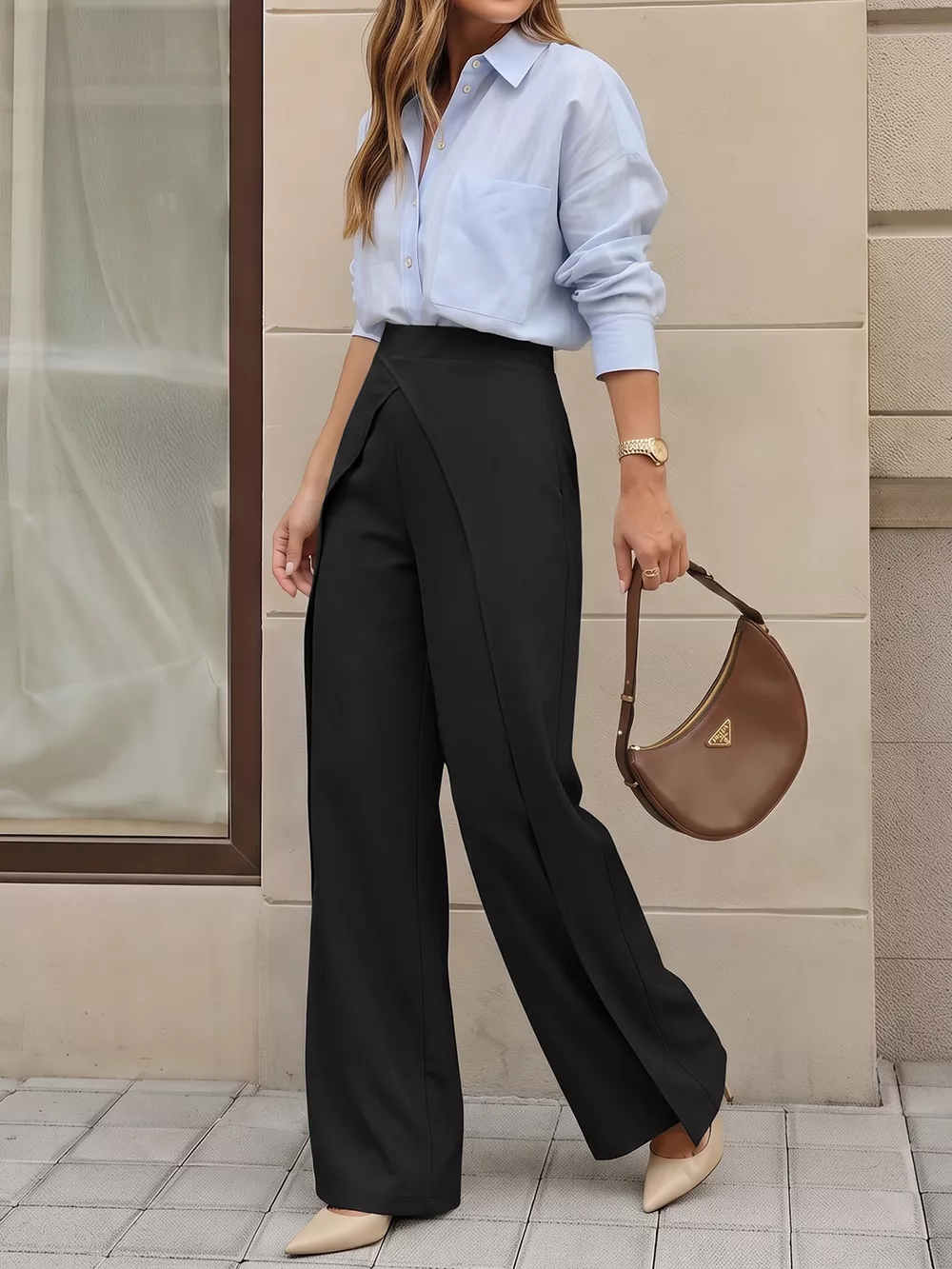 Wide-Leg Pants with Overlap Front Detail, image 3