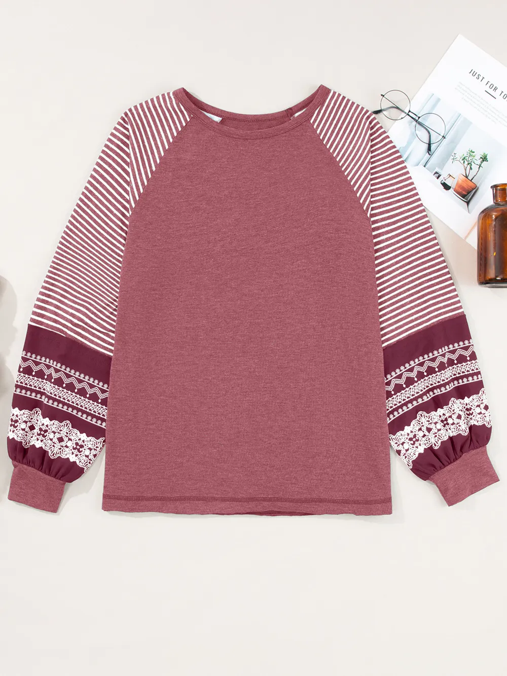 Contrast Print Striped Raglan Long Sleeve Loose Top, image 18