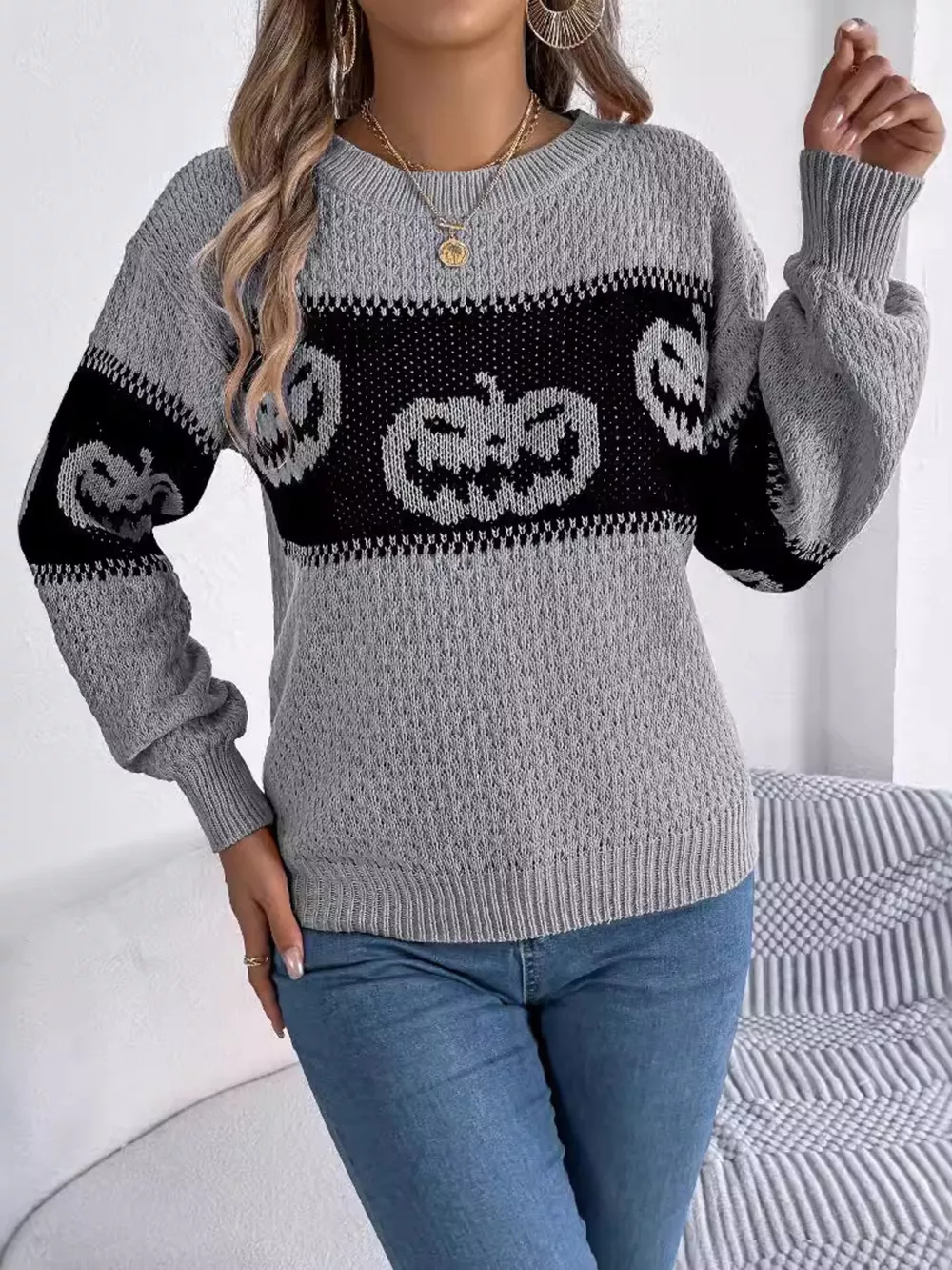 Halloween Pumpkin Pattern Round Neck Sweater, image 10