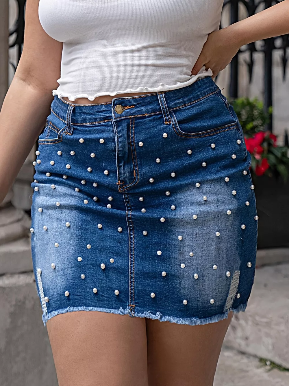 Plus Size Pearl Embellished Denim Skirt, image 2