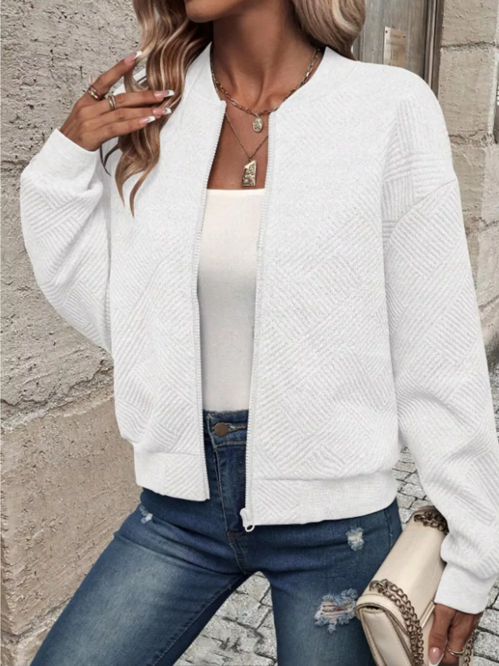 Textured Knit Zip-Up Bomber Jacket, image 30