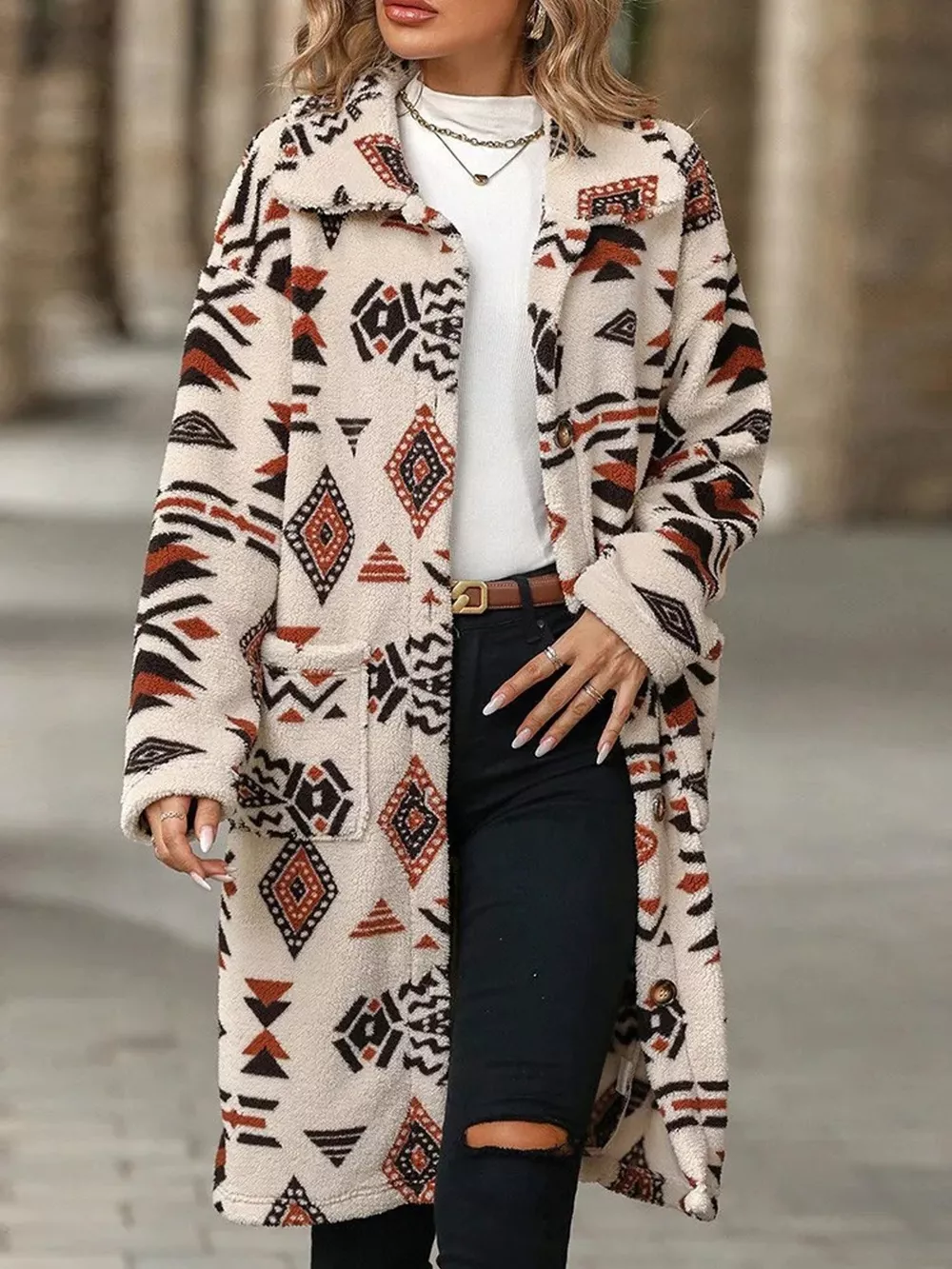 Geometric Button Up Longline Coat, image 2