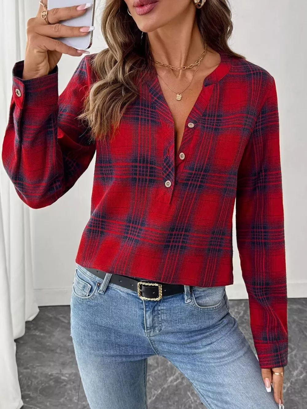 Plaid Half Button Long Sleeve Blouse, image 7