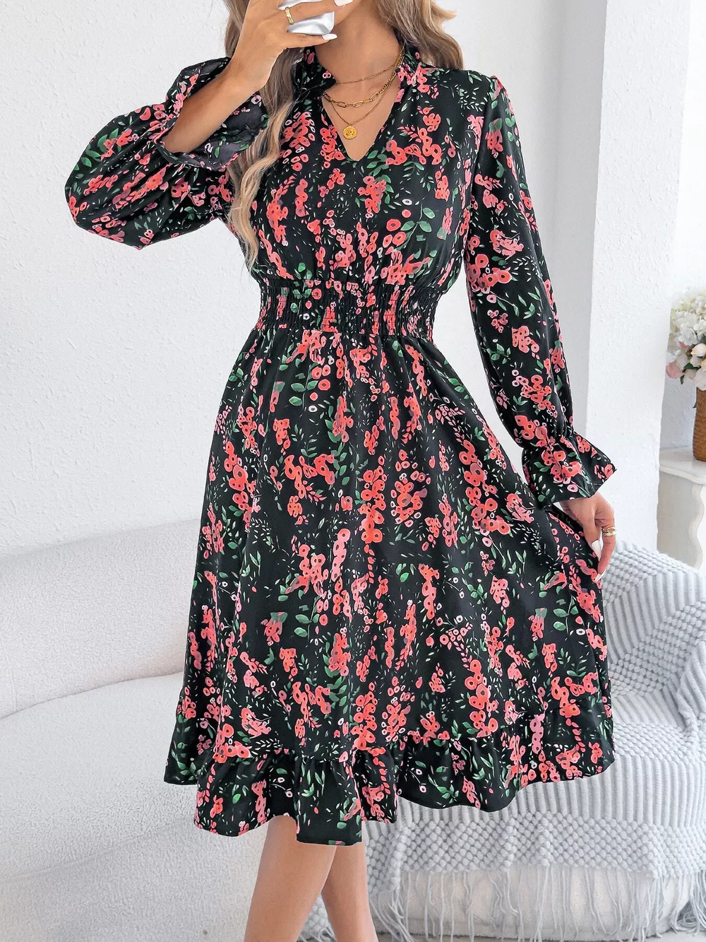 Floral Print Ruffle Hem Flounce Sleeve A-Line Dress, image 14