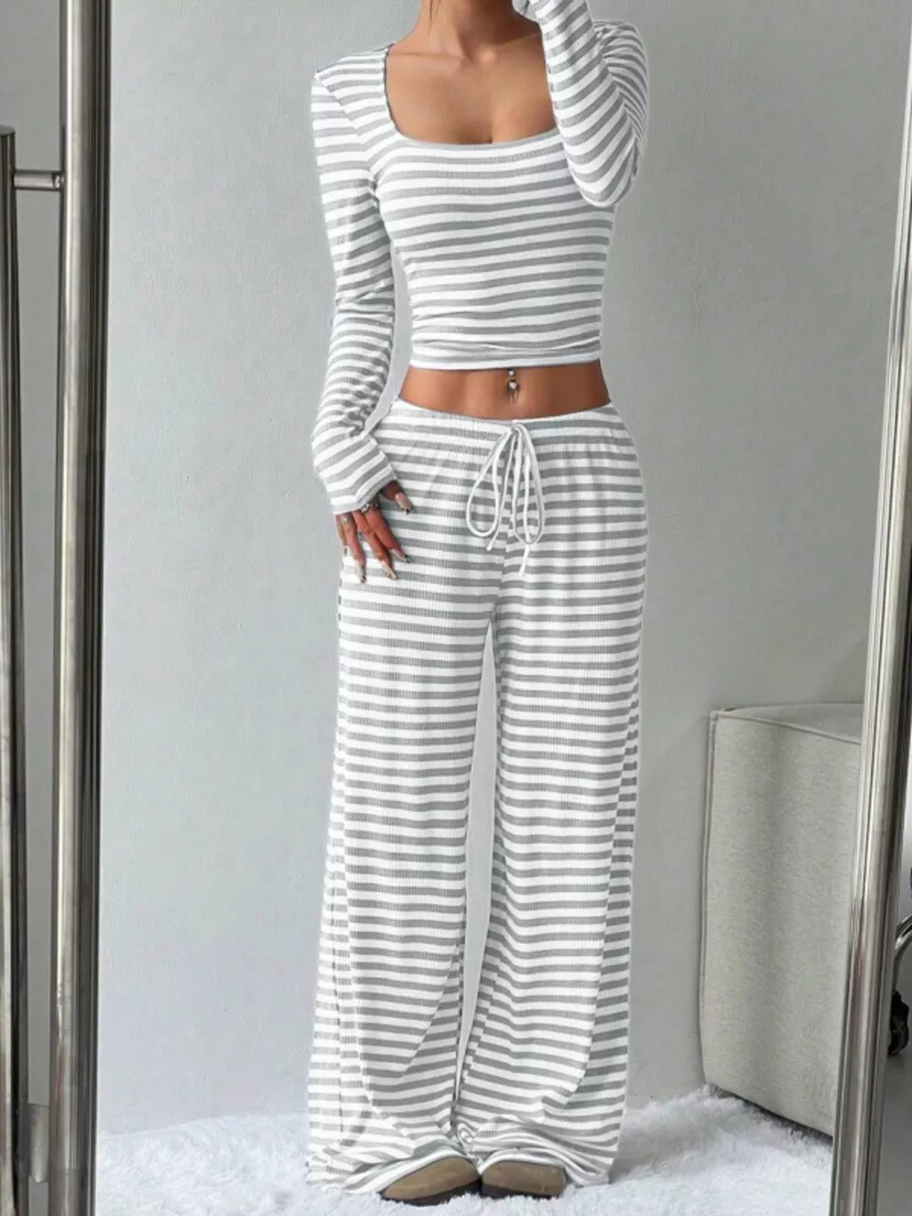 Striped Long Sleeve Crop Top & Wide Leg Pants Set, image 8