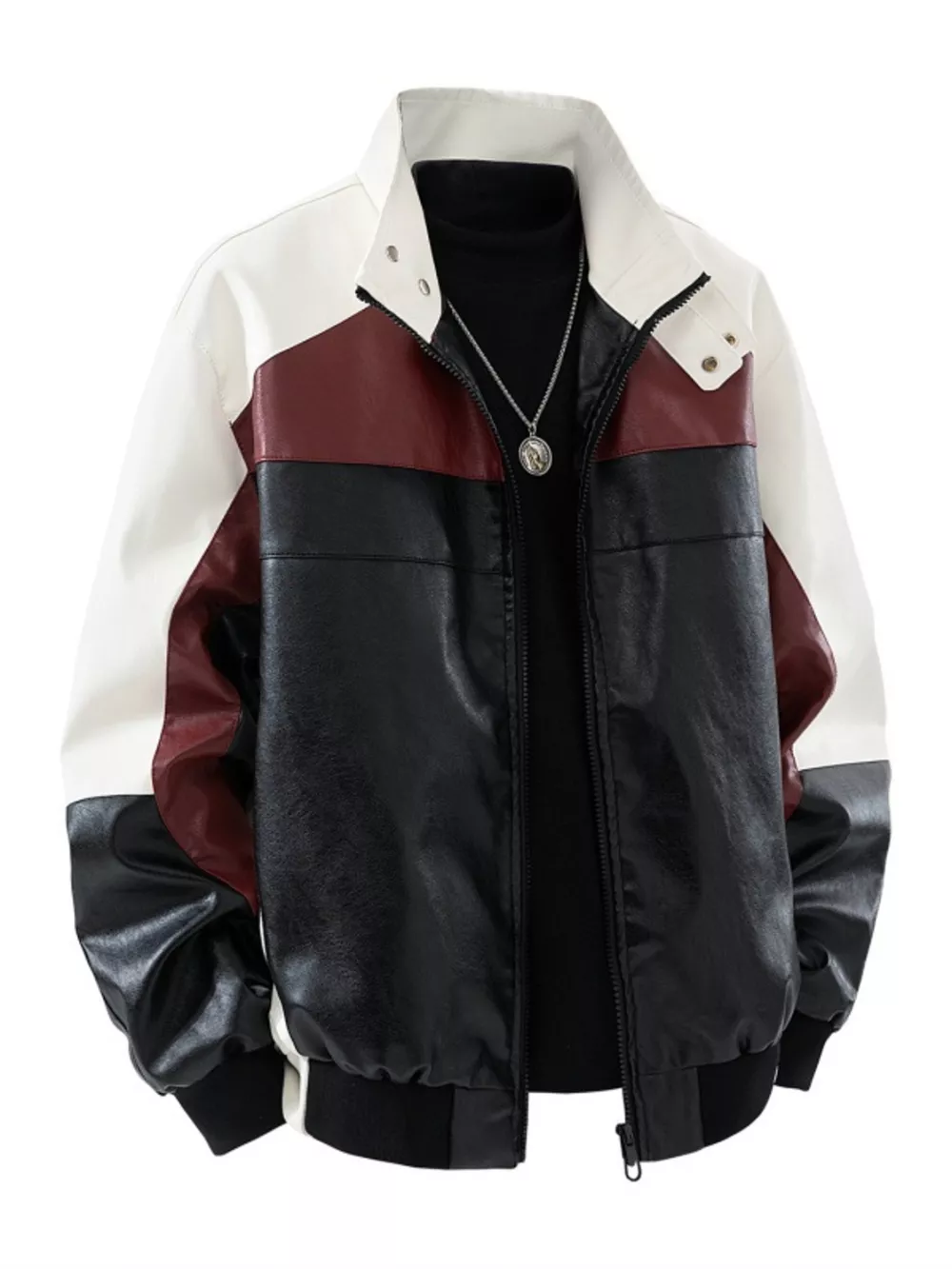 Men's Plus Size Color Block Faux Leather Bomber Jacket