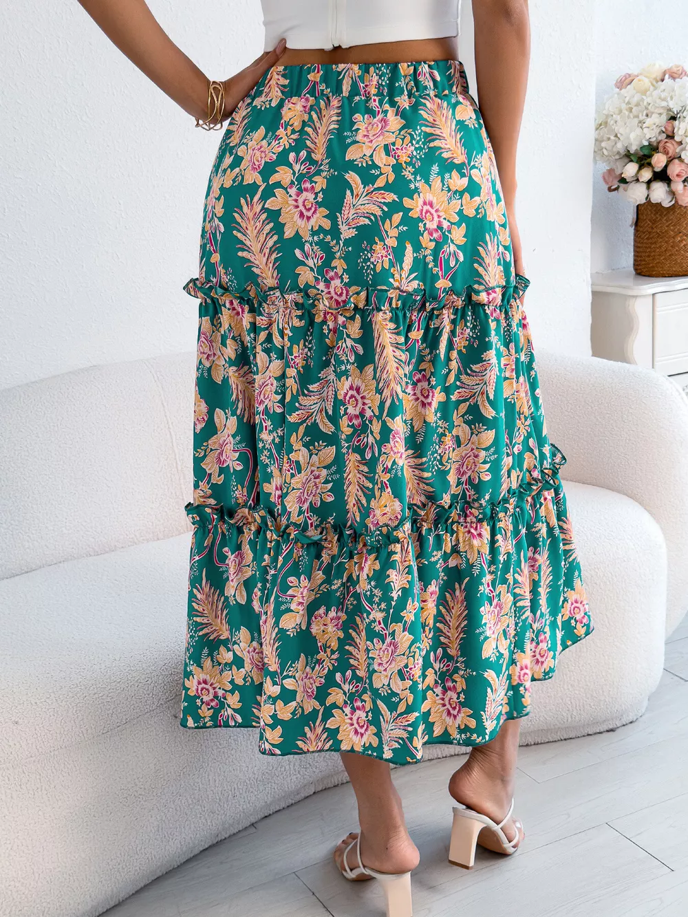 Floral Print Ruffle Hem Flowy Midi Skirt, image 13