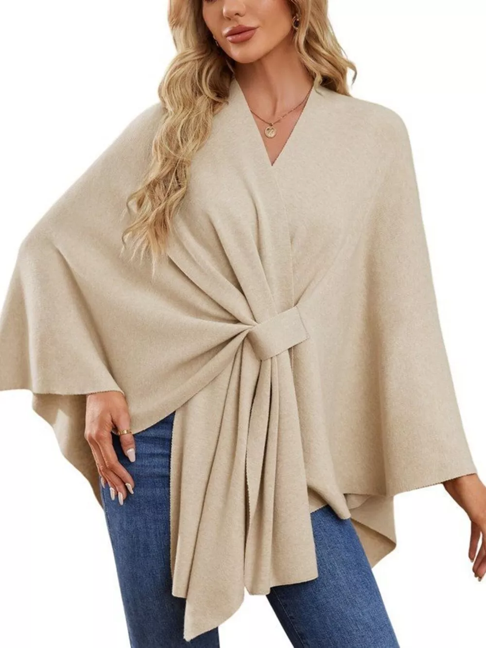 Solid Color Tie-Front Knit Cape Top