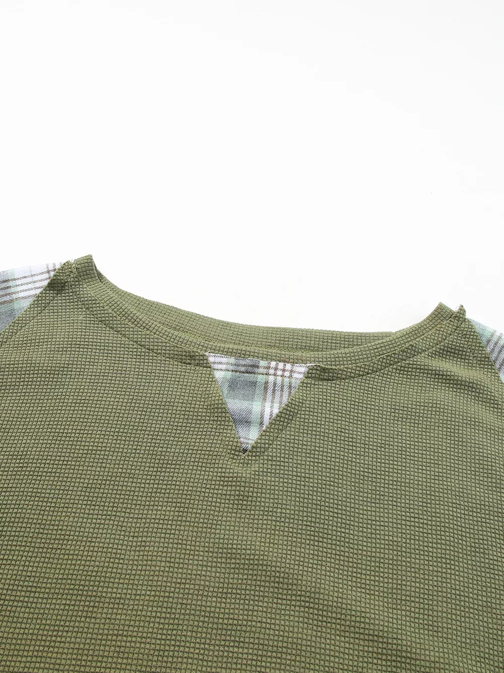 Plaid Patch Waffle Knit Exposed Seam Bubble Sleeve Top, image 7