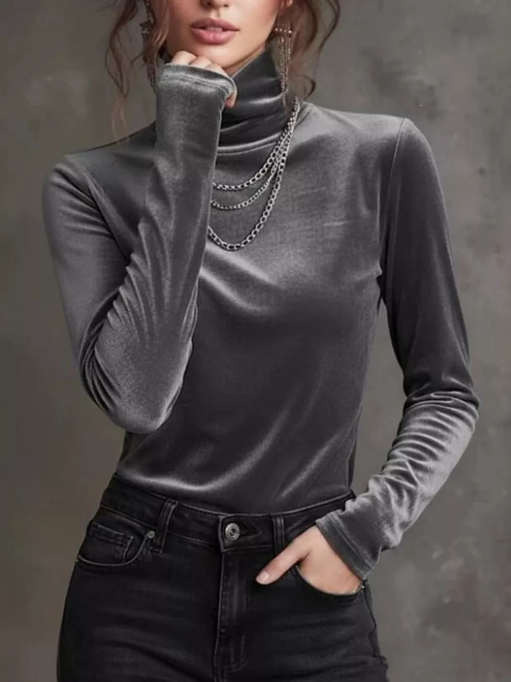Full Size Velvet Turtleneck Long Sleeve T-Shirt Plus Size, image 2