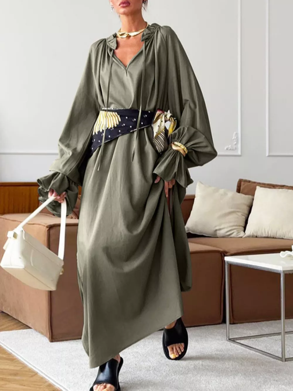 Tie Neck Flounce Sleeve Maxi Dress