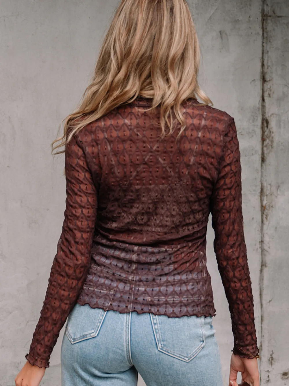 Sheer Mesh Patterned Lettuce Trim Slim Long Sleeve Top, image 3