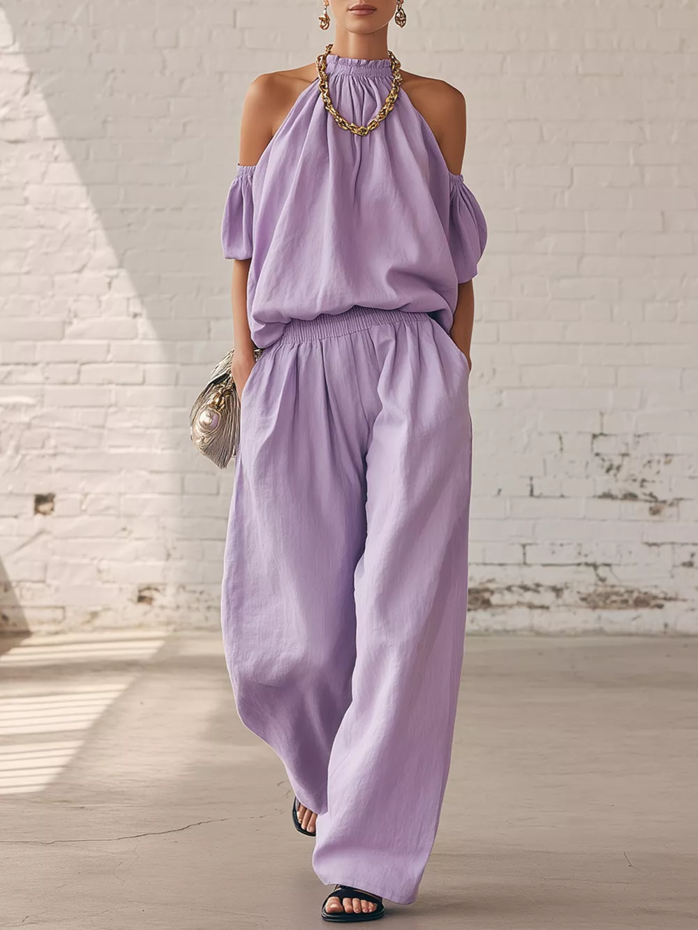 Full Size Cold-Shoulder Top and Wide-Leg Pant Set Plus Size
