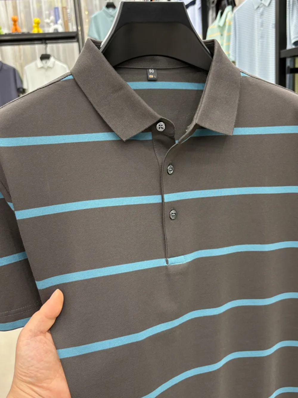 Men's Plus Size Striped Button Detail Short Sleeve Polo, image 3