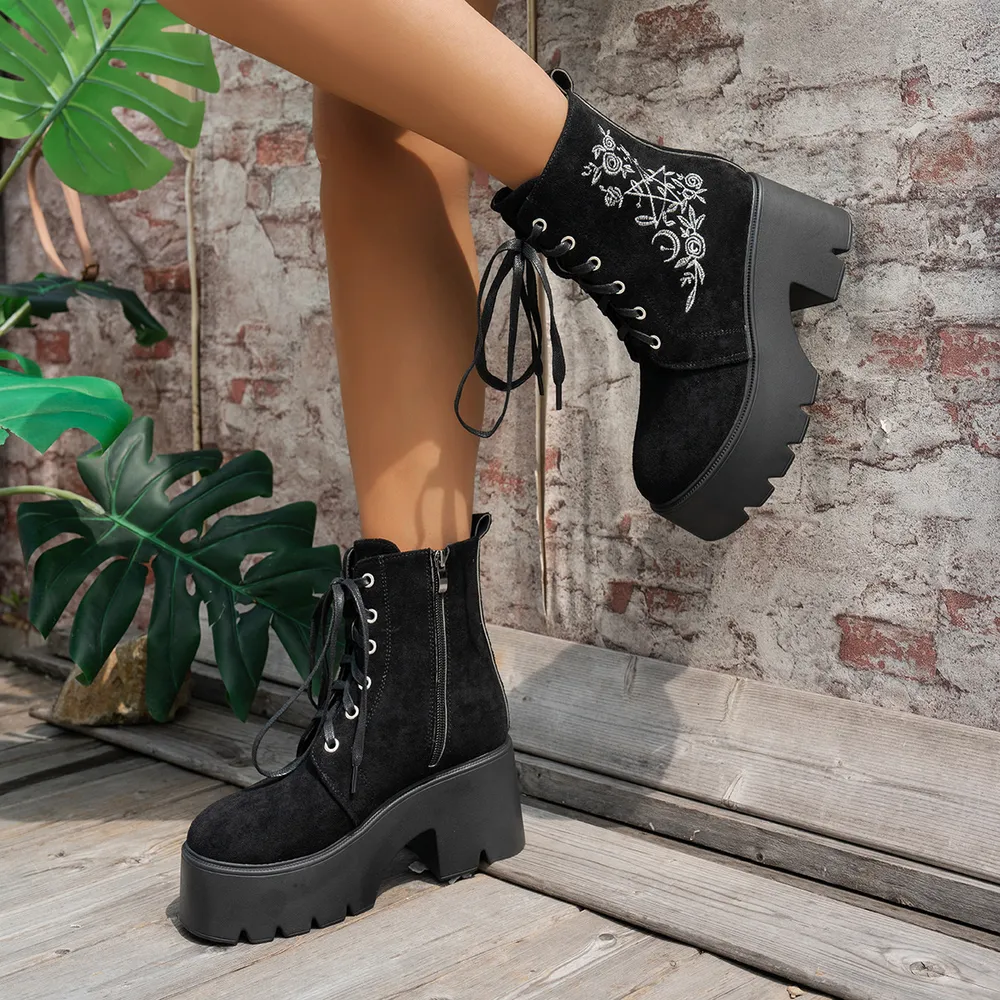 Floral Embroidered Platform Combat Boots