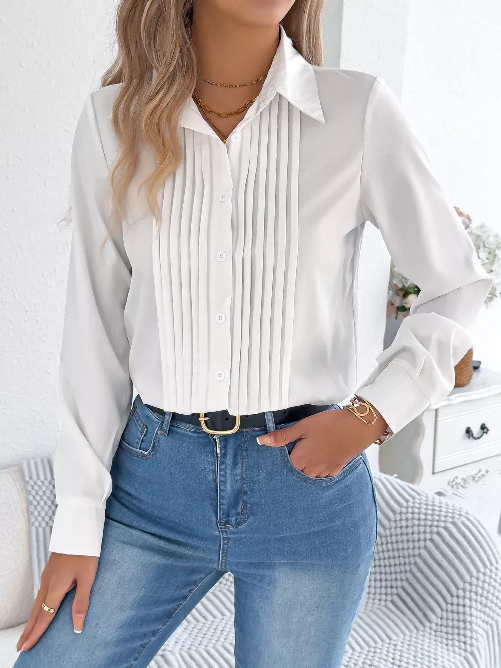 Pleated Front Long Sleeve Shirt, image 8