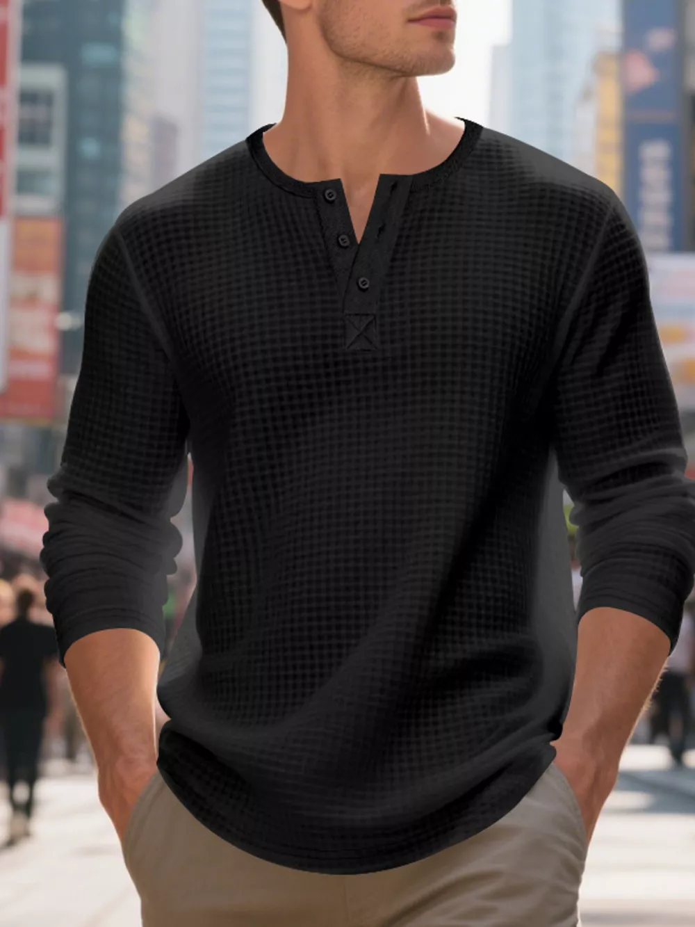 Men's Plus Size Casual Waffle Knit Henley T-Shirt, image 11