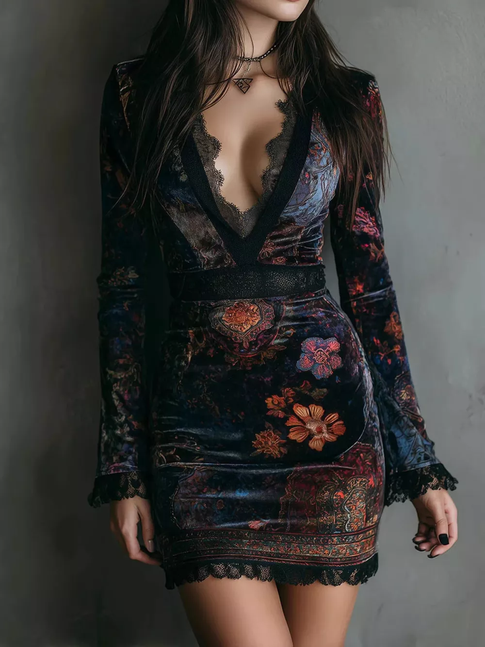 Lace Detail Floral Velvet Mini Dress