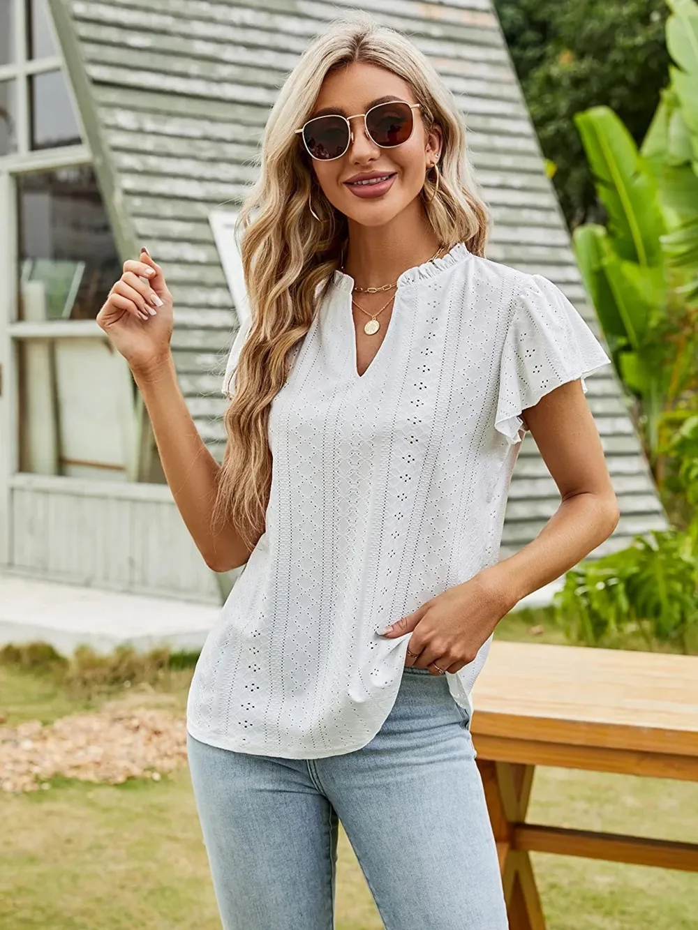 Eyelet Notched Short Sleeve T-Shirt, image 2