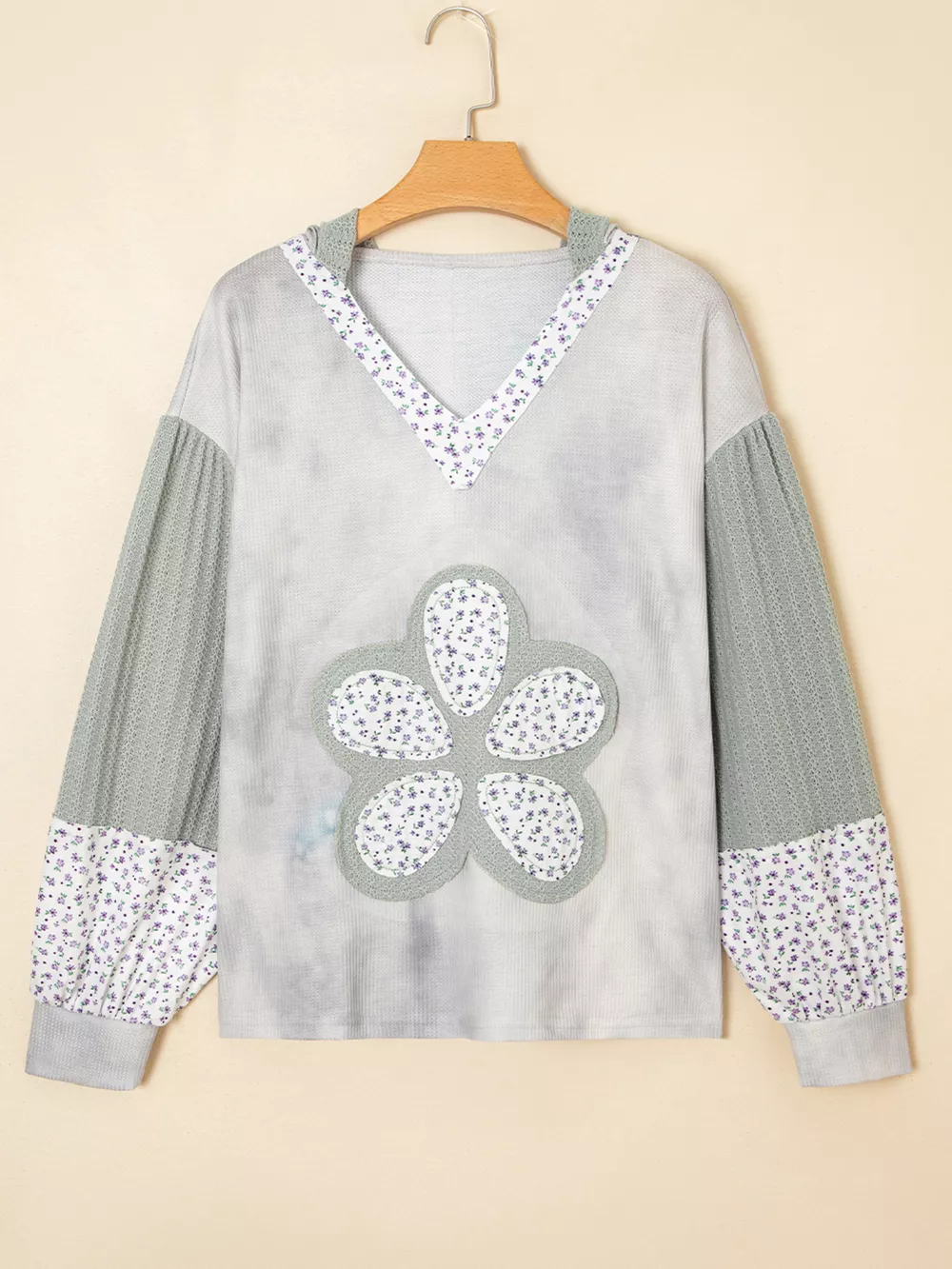 Floral Patched Waffle Textured V Neck Casual Hooded Top, image 8