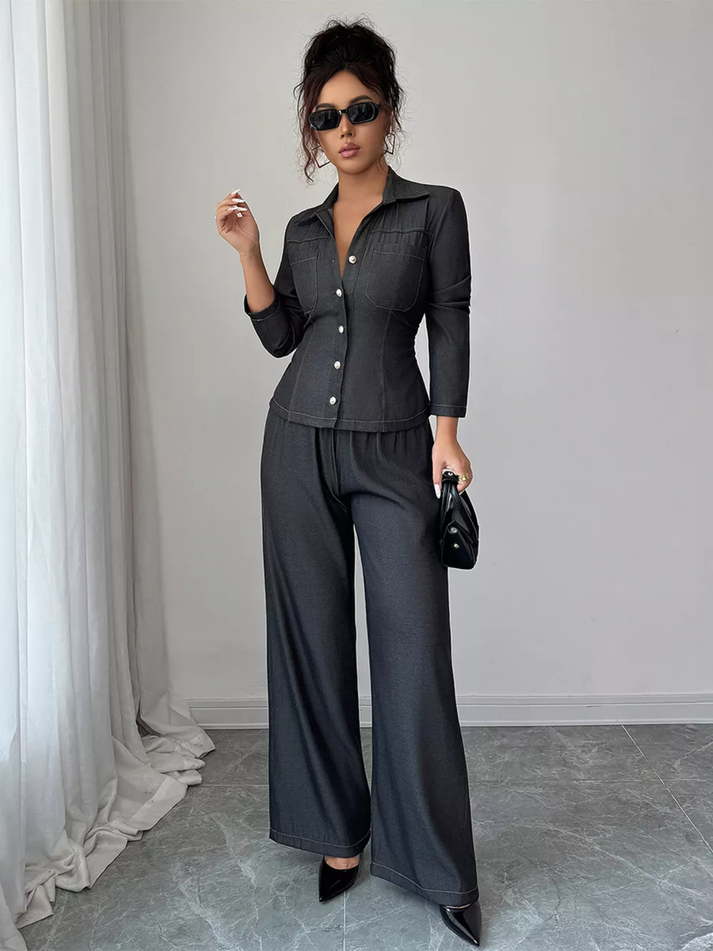 Button-Up Shirt & Wide Leg Pants Set