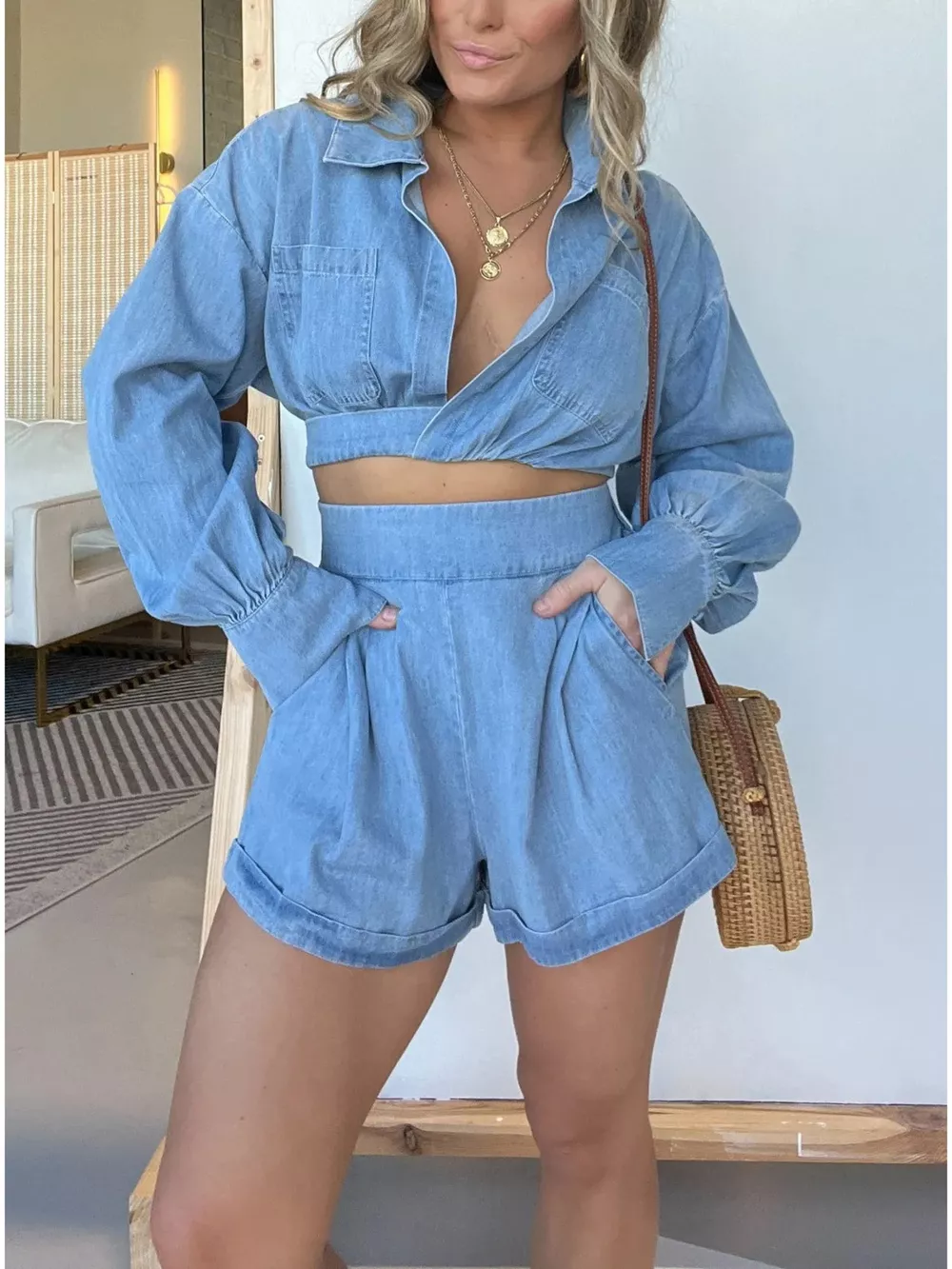 Full Size Long Sleeve Top and Shorts Denim Set Plus Size, image 2