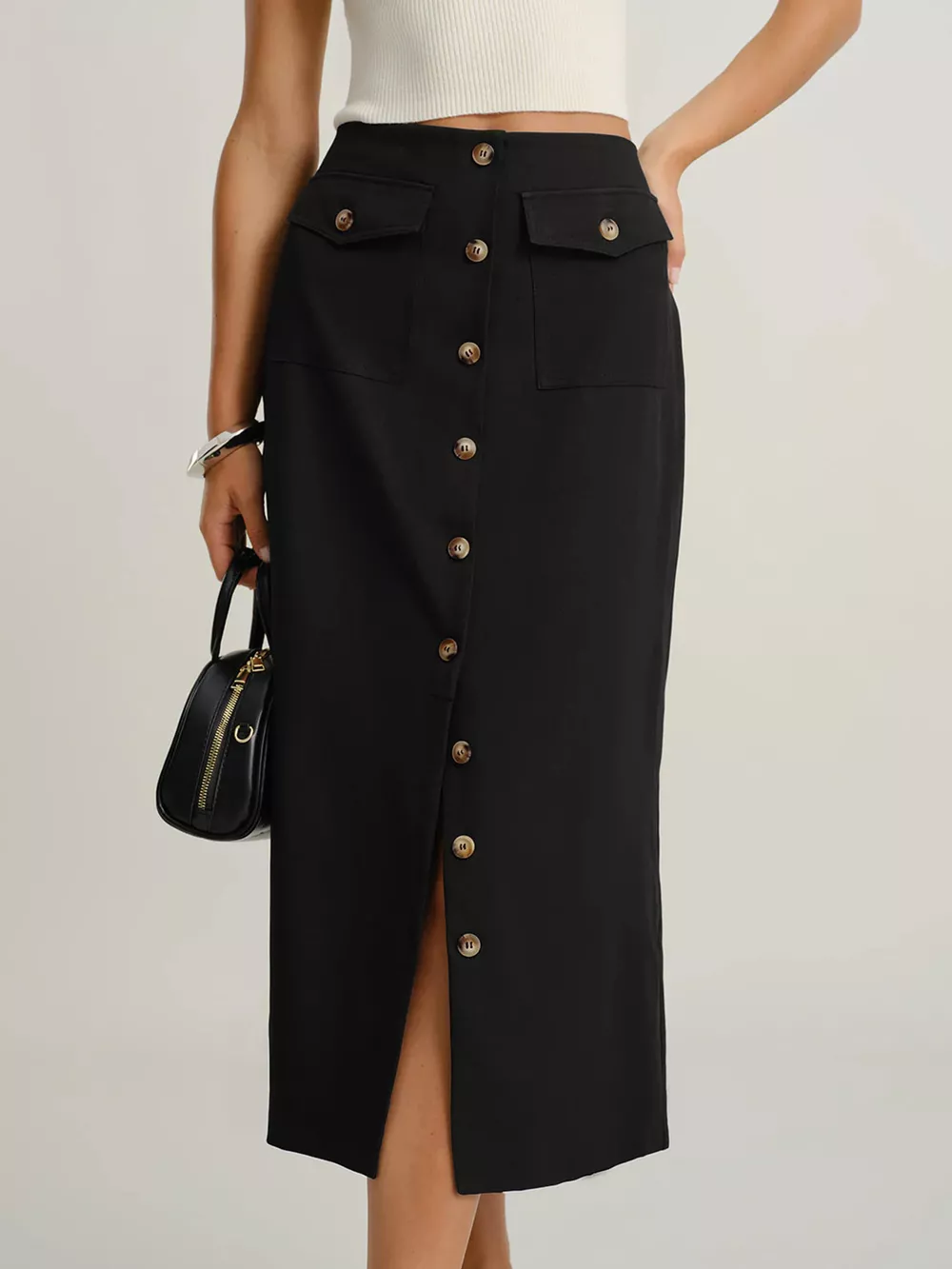 Button-Front Pocketed Midi Skirt, image 7