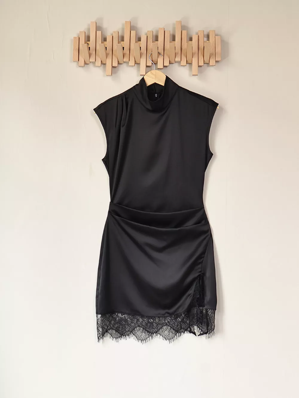 Satin Mock Neck Sleeveless Mini Dress with Lace Hem, image 14
