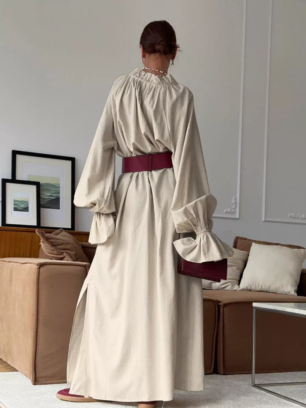 Tie Neck Flounce Sleeve Maxi Dress, image 3