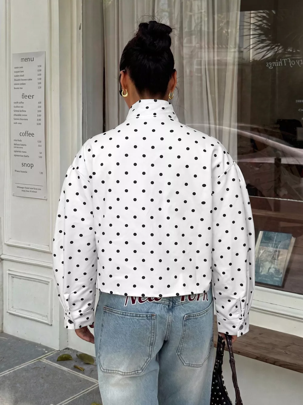Polka Dot Zip Up Cropped Jacket, image 5