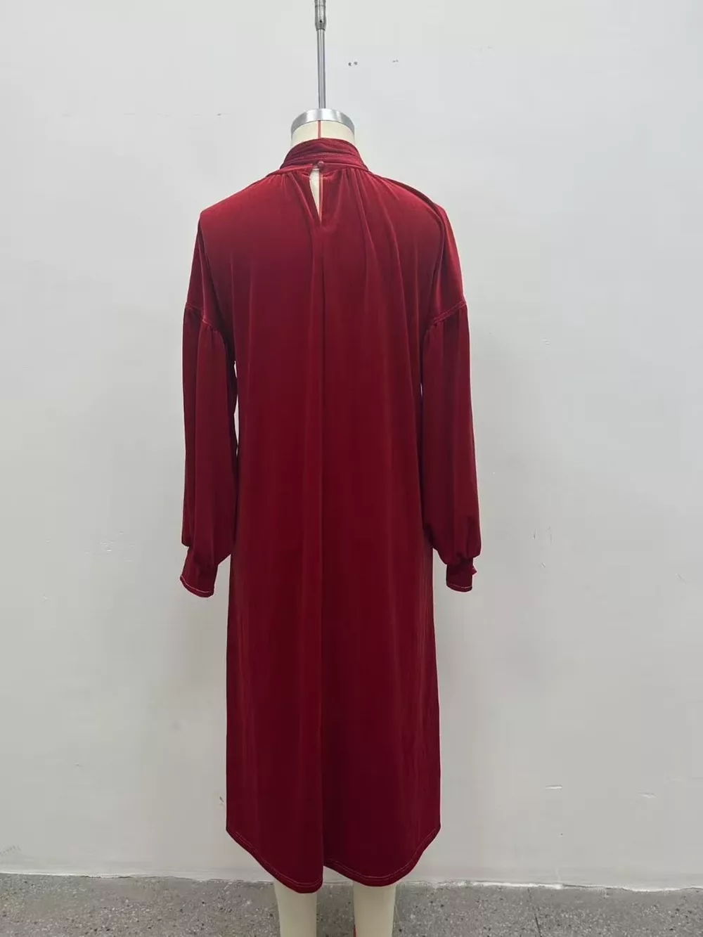 Full Size Velvet Tie-Neck Lantern Sleeve Midi Dress Plus Size, image 7