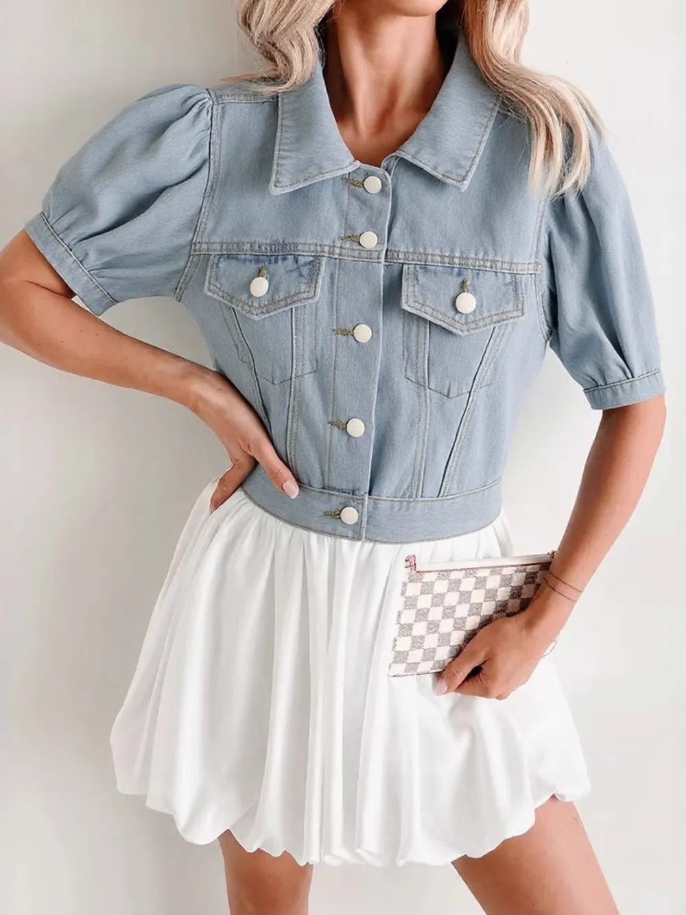 Button Up Puff Sleeve Cropped Denim Jacket, image 2