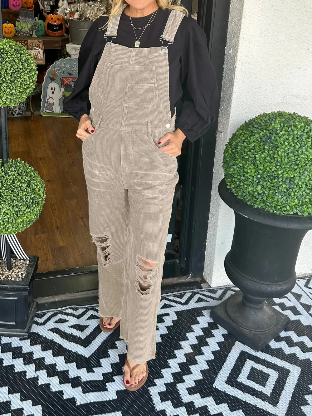 Distressed Wide Leg Corduroy Overalls, image 18