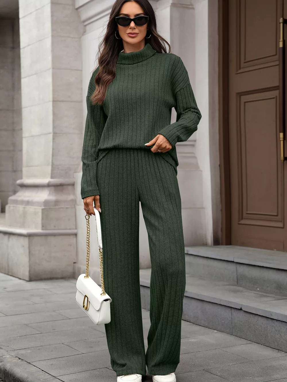 Ribbed Turtleneck Dropped Shoulder Top and Pants Sweater Set, image 9