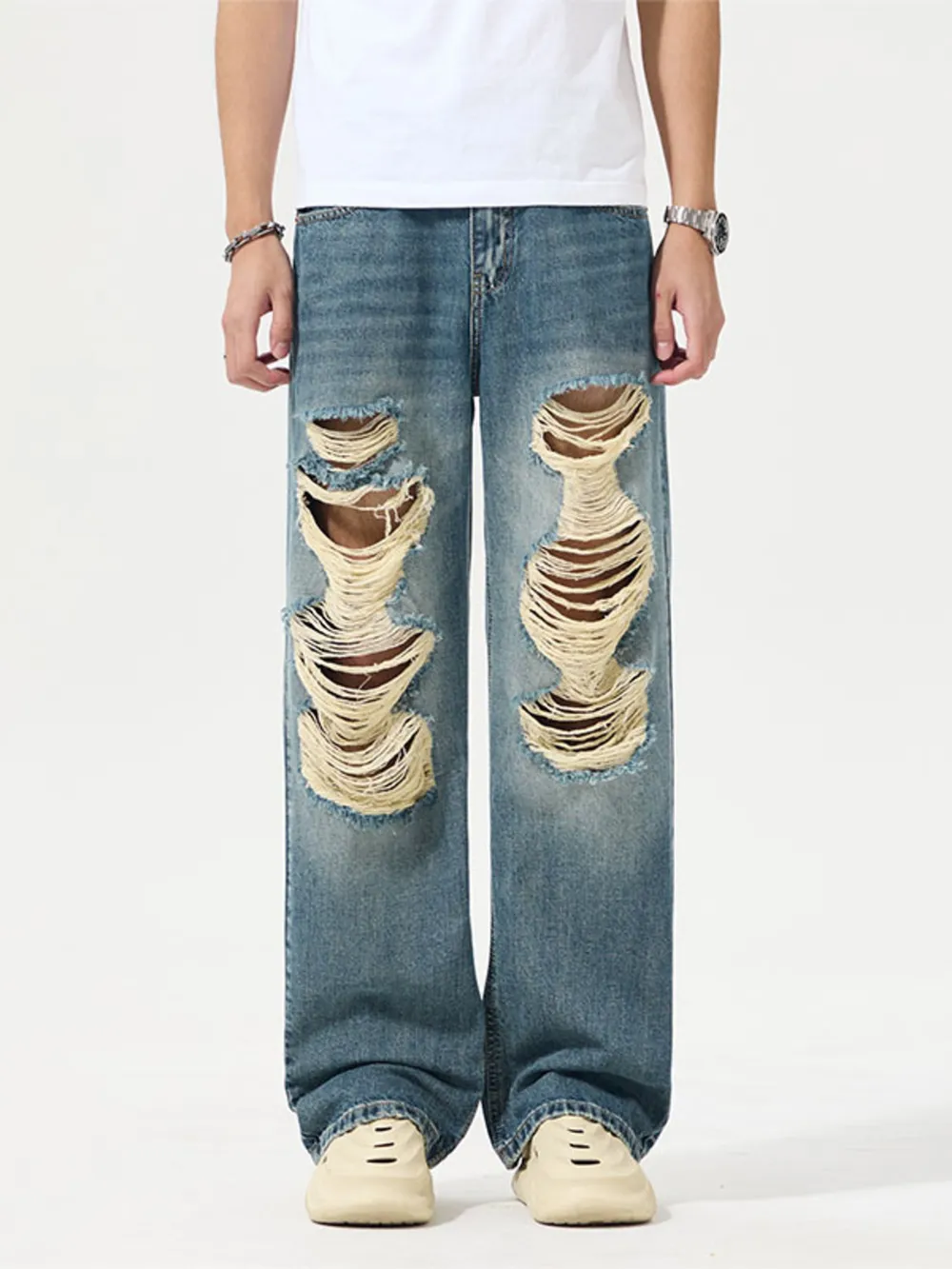Men's Full Size Distressed Wide Leg Jeans Plus Size