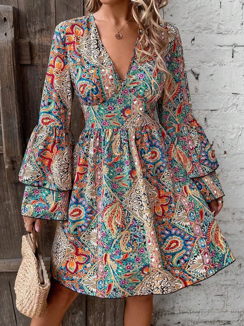 Paisley Print V-Neck Bell Sleeve Mini Dress, image 3