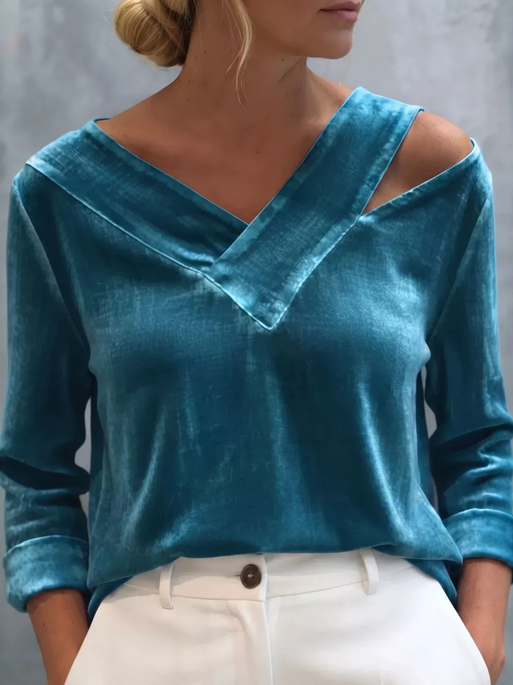 Full Size Velvet Cold-Shoulder V-Neck Blouse Plus Size