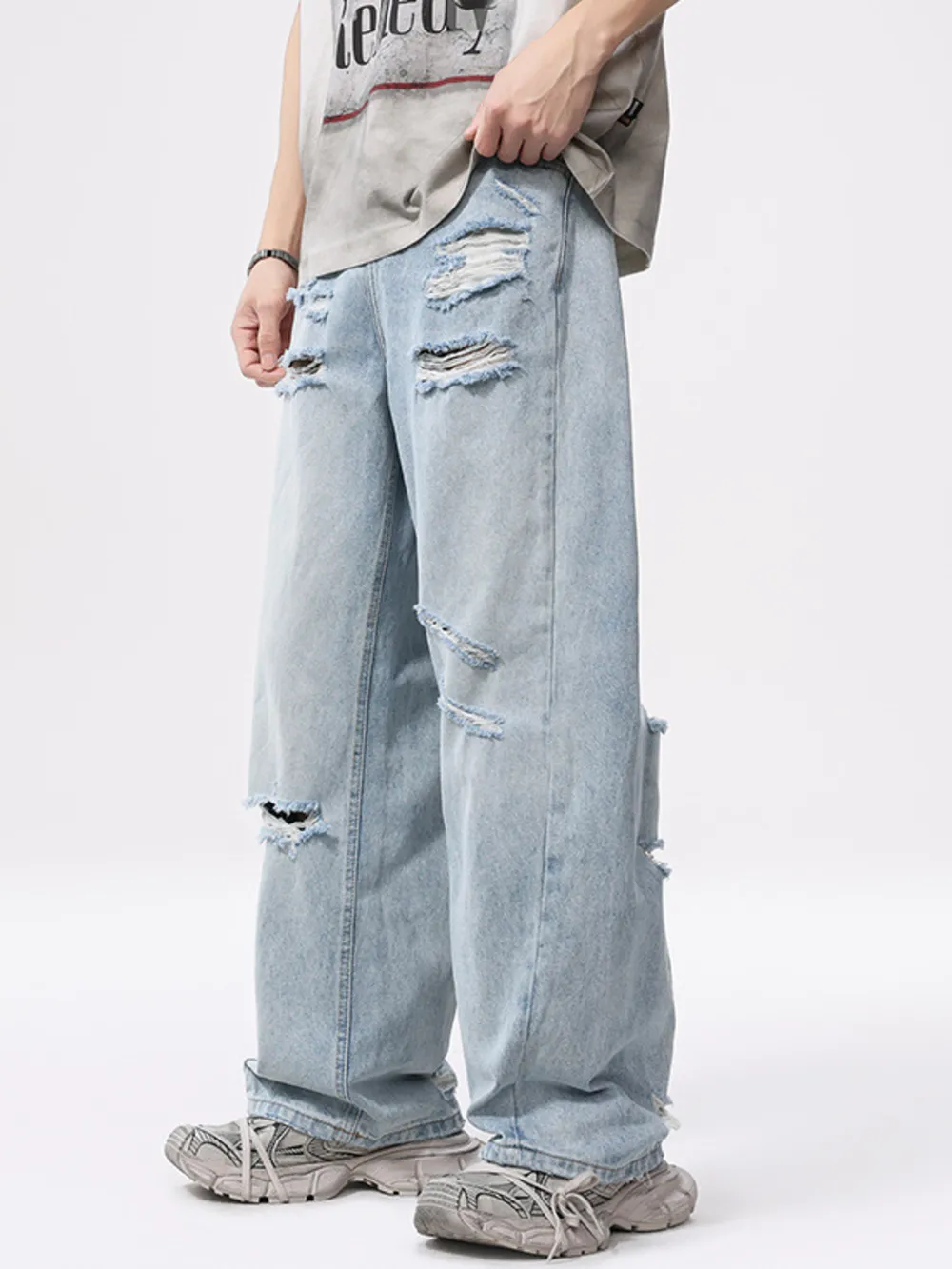 Men's Full Size Vintage Distressed Wide Leg Ripped Jeans Plus Size, image 2