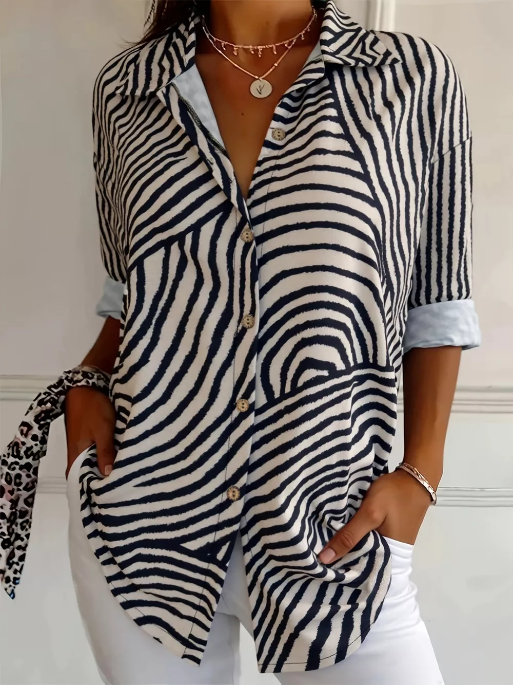 Plus Size Abstract Zebra Print Button-Down Shirt, image 6