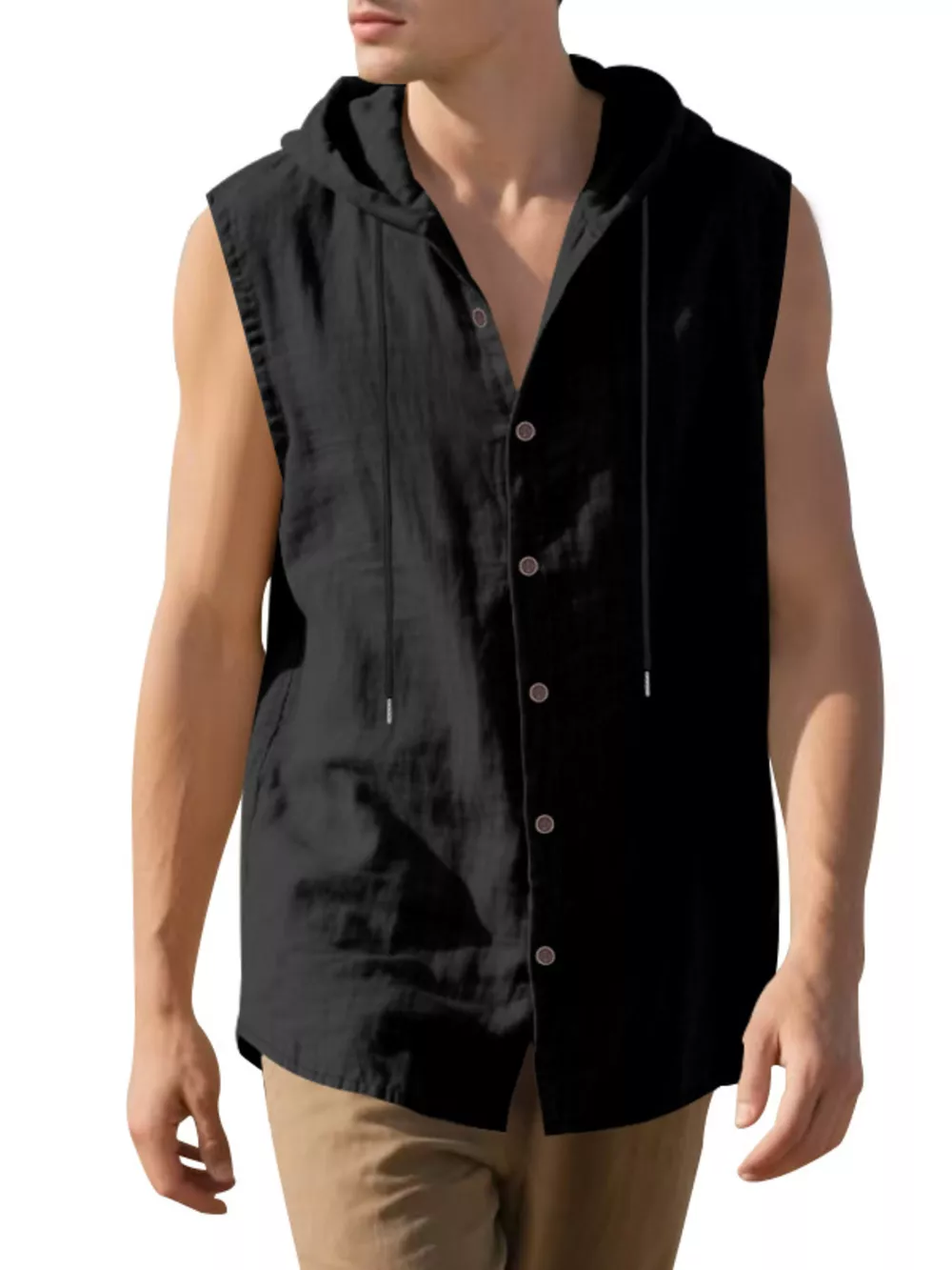 Men's Full Size Casual Sleeveless Hooded Button-Down Top Plus Size, image 3