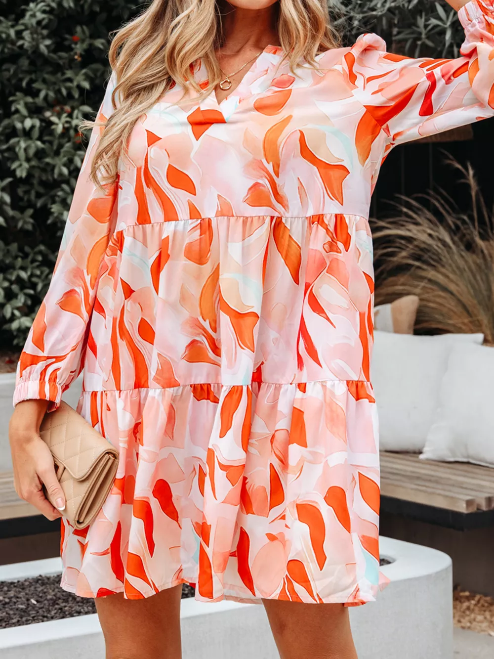 Abstract Print Long Sleeve Tiered Mini Dress, image 12