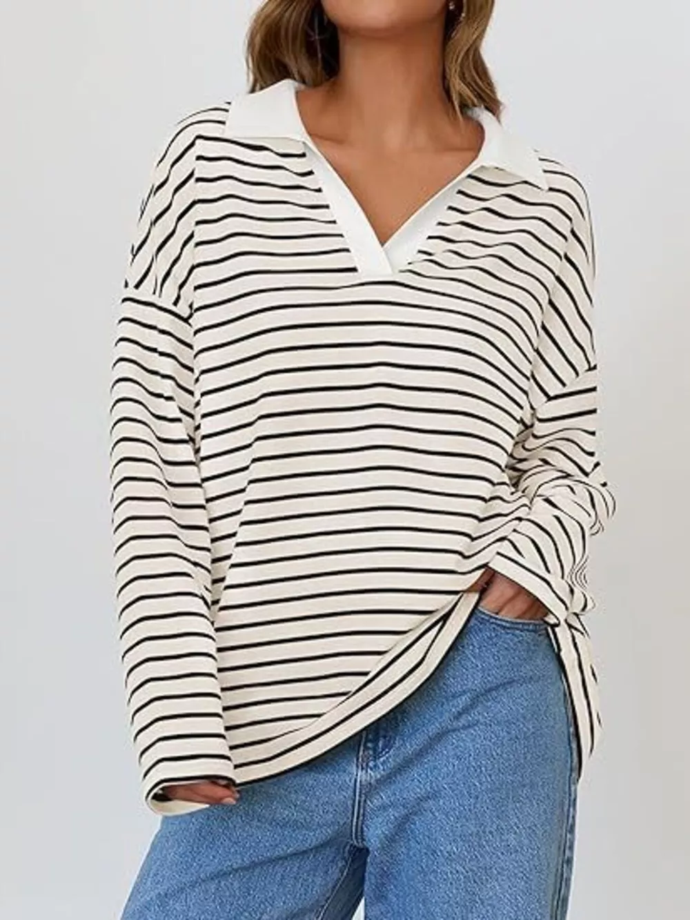 Striped Contrast Collar Long Sleeve Top, image 20
