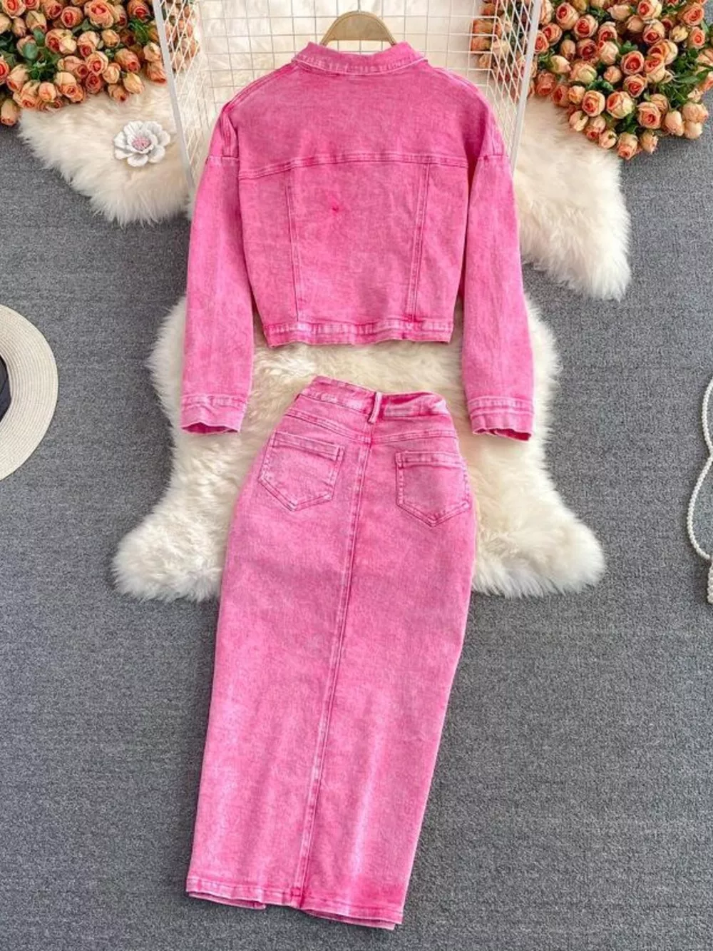 Button Up Jacket and Slit Skirt Denim Set, image 2