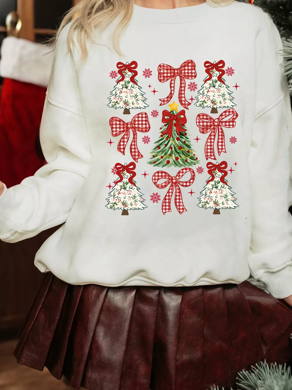 Christmas Tree Ribbon Bow Printed Drop Shoulder Sweatshirt, image 3